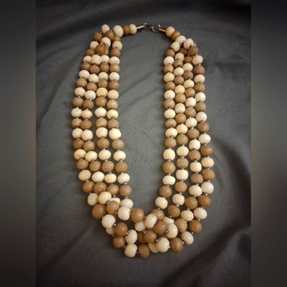 authentic Vintage Triple Strand Bone Bead Necklace